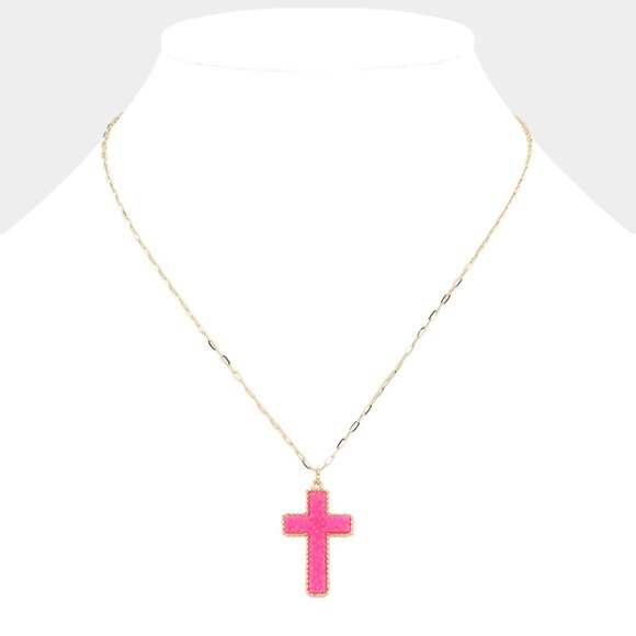 NEW Druzy Stone Sparkle Cross Pink Gold Dipped Bracelet Necklace & Earrings SET - Picture 6 of 7